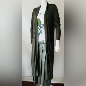 Zara Khaki Cardigan green sweater duster maxi long